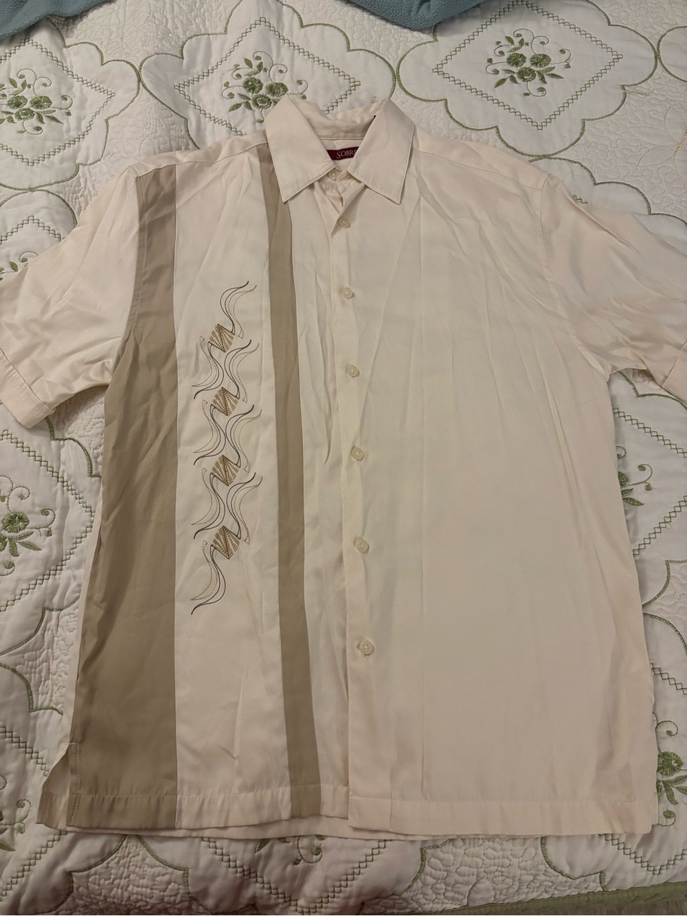 Men's Short-Sleeve Button-Up Shirt - Cream with Taupe Stripe